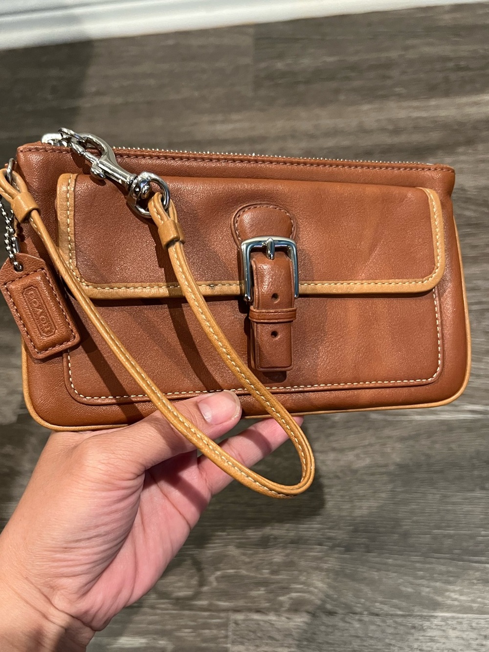 Vintage Coach Two-Tone Brown Leather Wristlet with Buckle